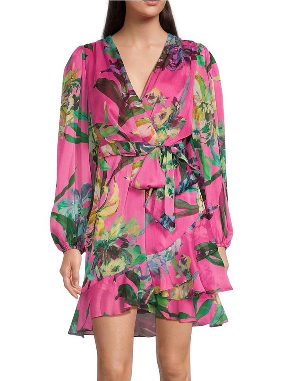 Alex Marie Pink Floral Long Sleeve Wrap Mini Dress